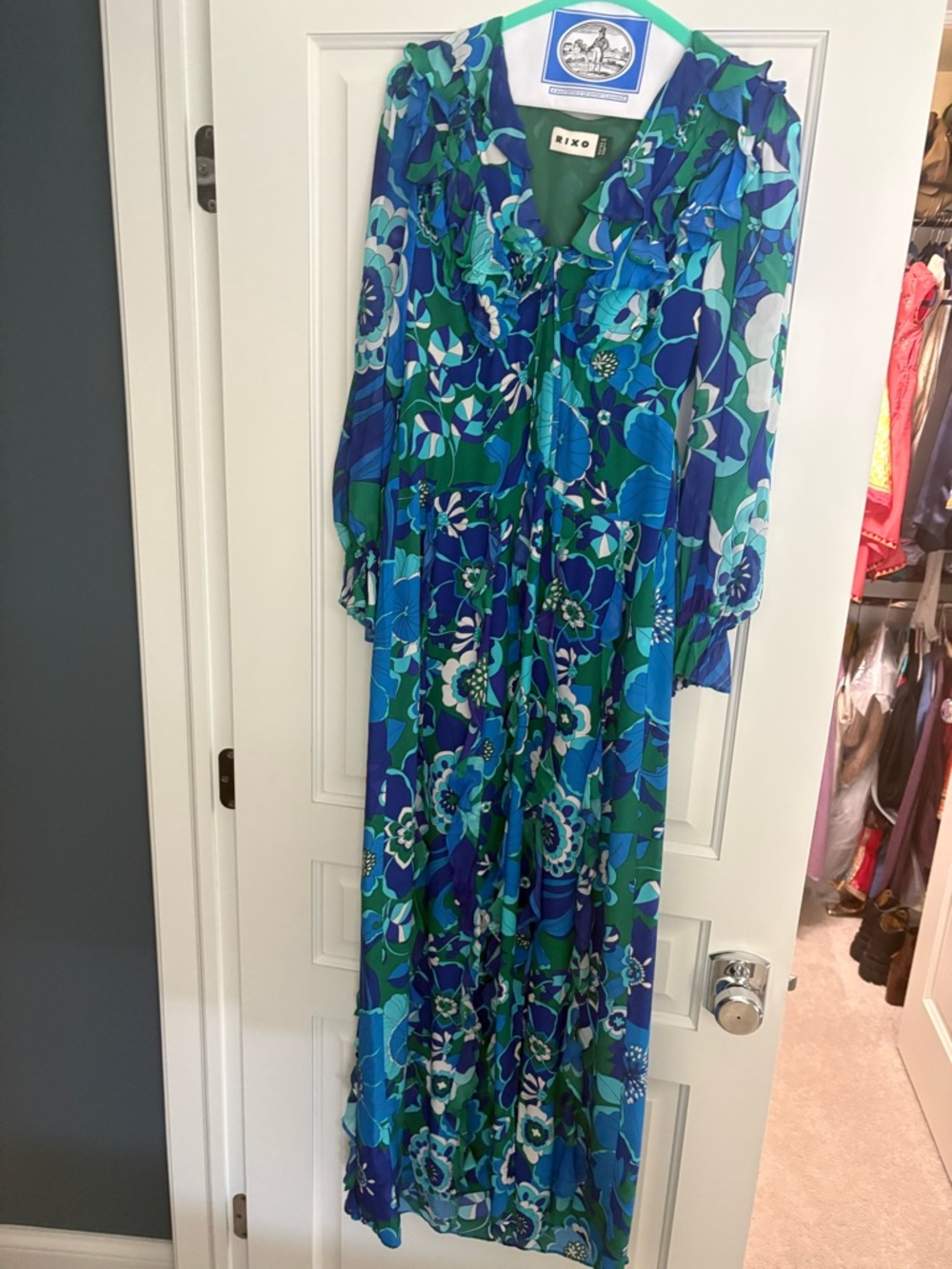 RIXO Blue and Green Floral Maxi Dress